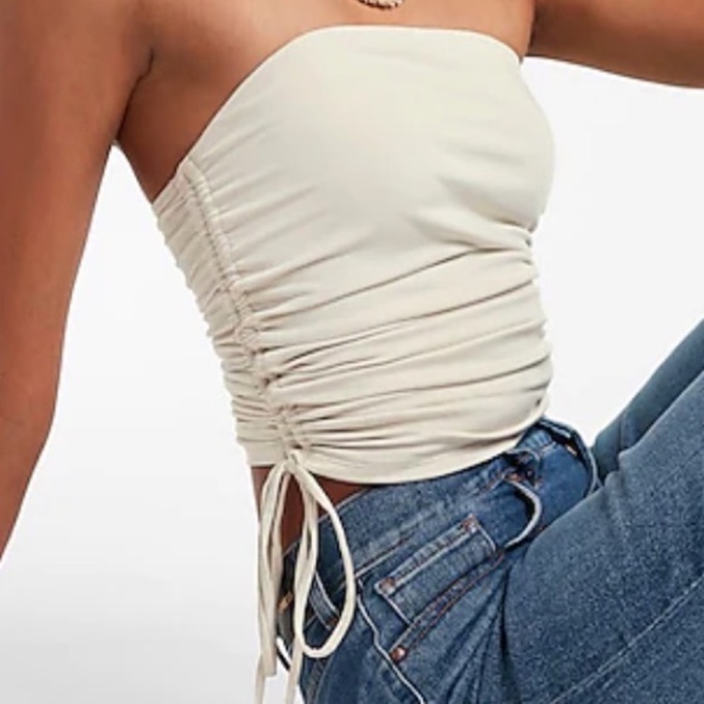 Express Body Contour Double Layer Ruched Side Tie Tube Top in Sandshell